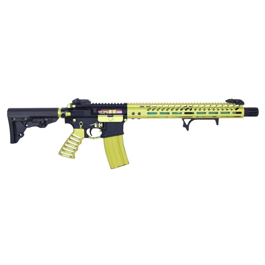 Two-tone custom AR-15 rifle in black and yellow-green for competition enthusiasts.