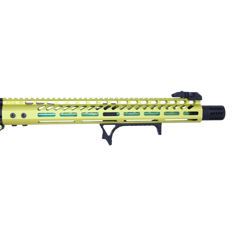 Modern firearm barrel with yellow-green handguard, teal accents, M-LOK system, and black components.