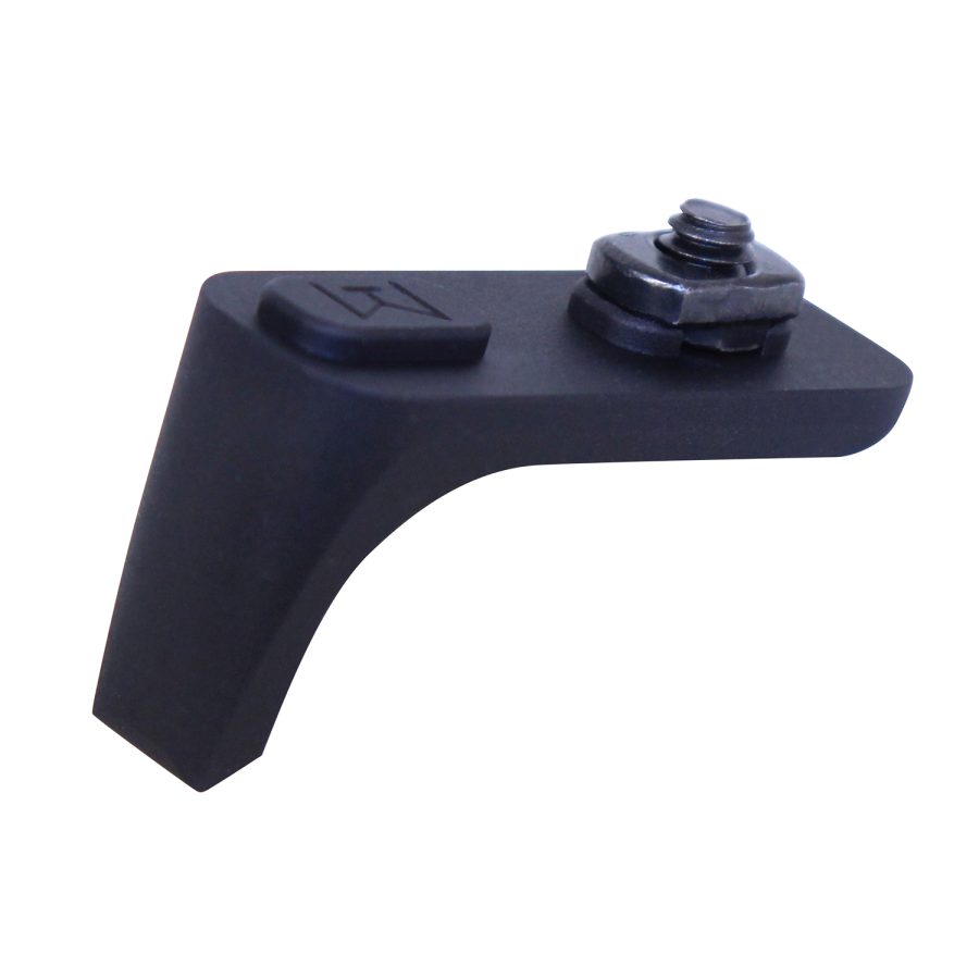Sleek black L-shaped mounting bracket with adjustable metallic fastener, ideal for technical equipment.