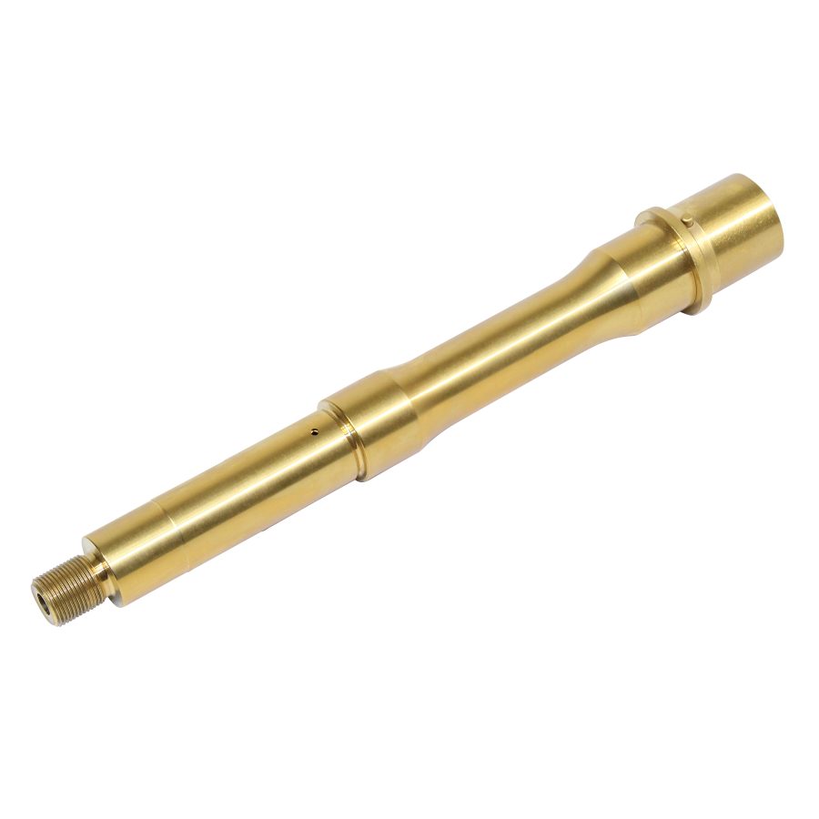 Gold-toned precision-machined metal shaft with threading and smooth finish for high-performance assemblies.