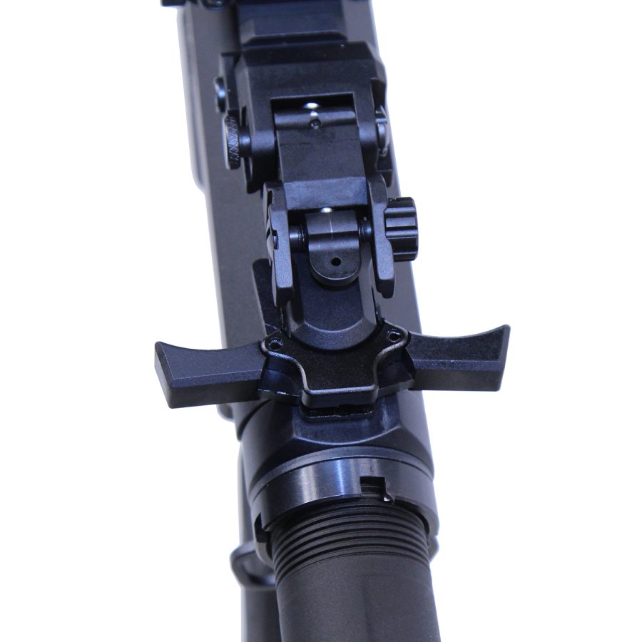 Close-up of matte black rifle charging handle and upper receiver, showcasing precision engineering.