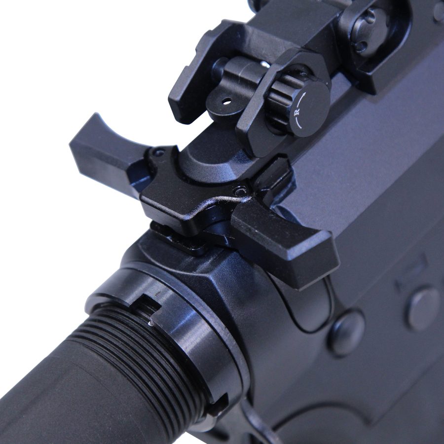 Close-up of AR-15 upper receiver showing precision engineering and tactical modular design.