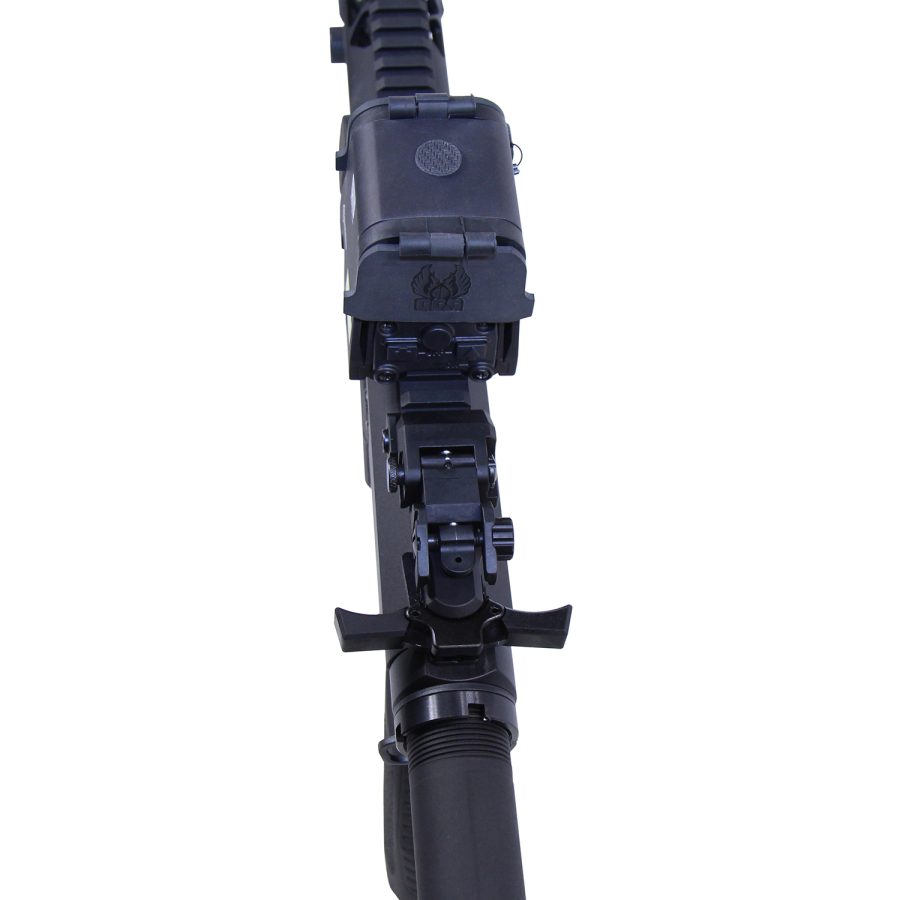Close-up AR-style rifle upper with tactical optic and winged logo, showcasing precision engineering.