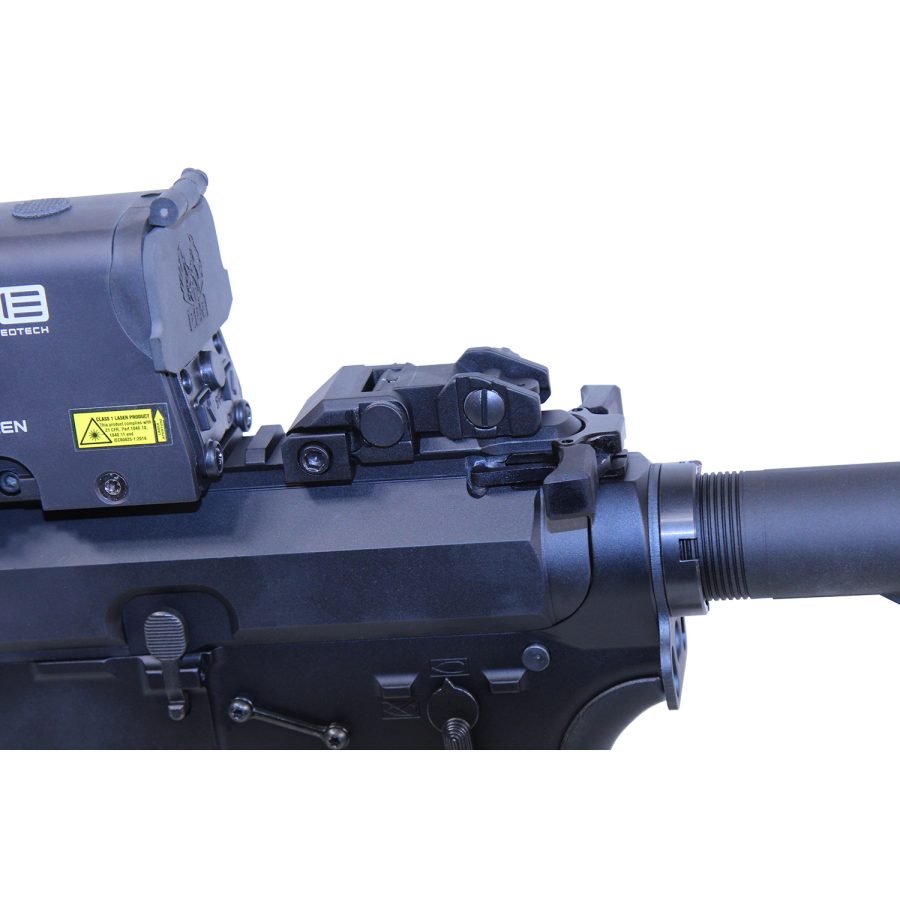 Close-up of tactical rifle with optic, showcasing advanced modular design and precision engineering.