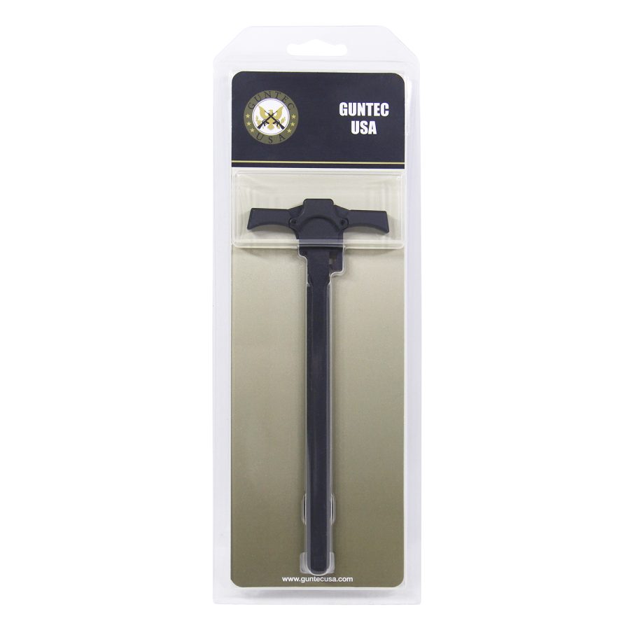 GUNTEC USA matte black firearm charging handle in clear blister pack with logo and website.