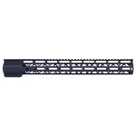 Black AR-15 handguard with diamond cutouts and Picatinny rail for tactical attachments.