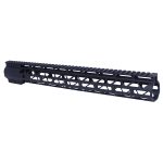 Black aluminum AR rifle handguard with Picatinny rail and M-LOK slots for tactical accessories.