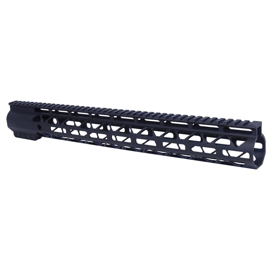 Black aluminum AR rifle handguard with Picatinny rail and M-LOK slots for tactical accessories.