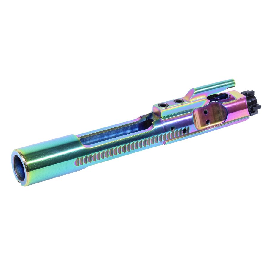 Iridescent AR-15 bolt carrier; rainbow titanium nitride finish enhances performance and aesthetics.