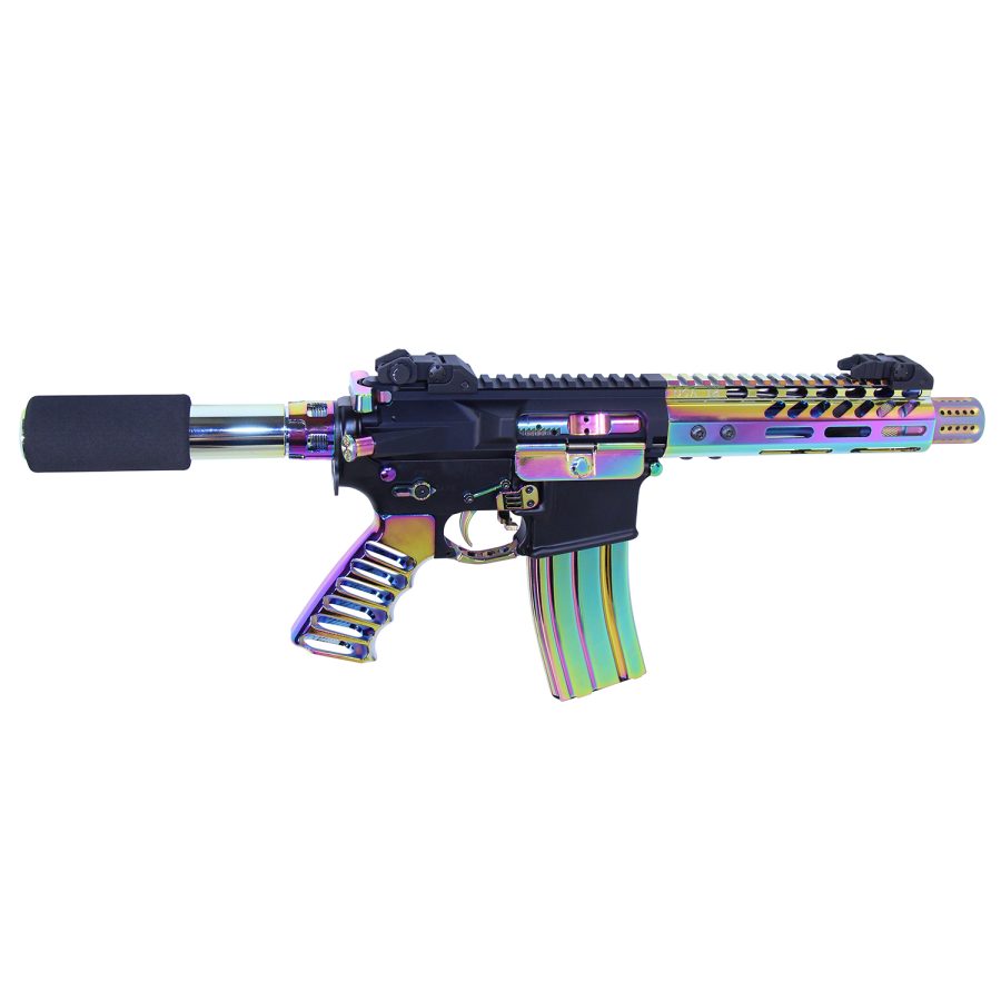 Chameleon-finish AR-style firearm with iridescent rainbow components against a plain white background.