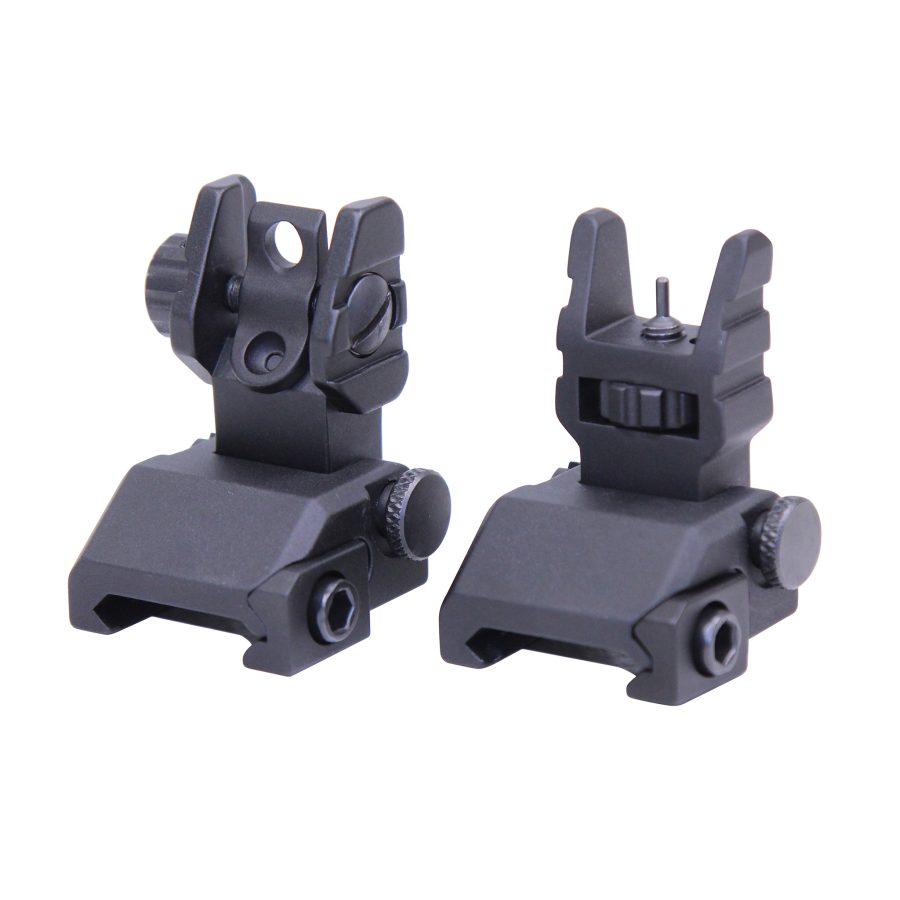 Flip-up tactical backup iron sights for firearms with adjustable windage and elevation.