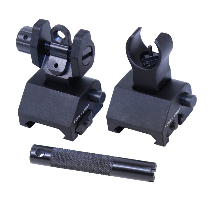 Black tactical rifle sights set with 1 MOA precision, includes textured adjustment tool.