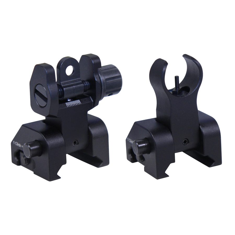 Matte black tactical flip-up iron sights for firearms with adjustable rear and front assemblies.