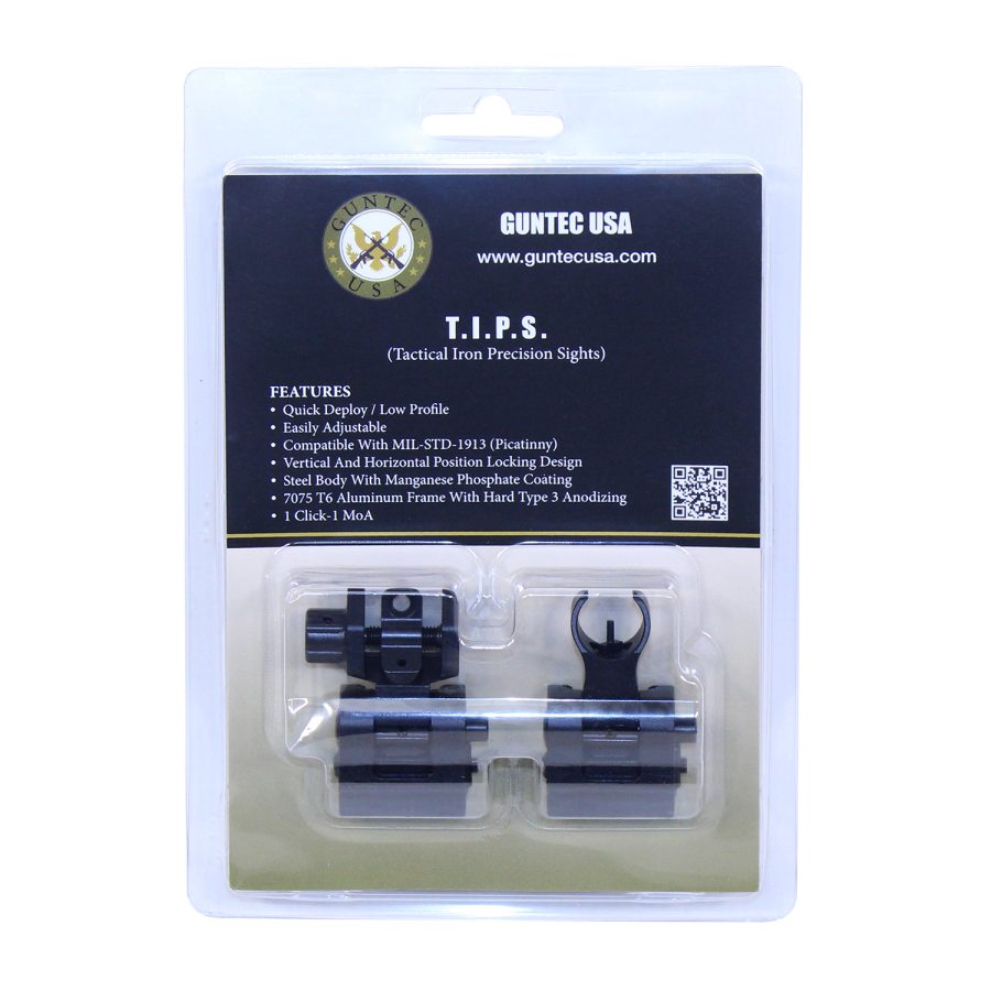 GunTec USA Tactical Iron Precision Sights Packaging with Features and Sight Display.
