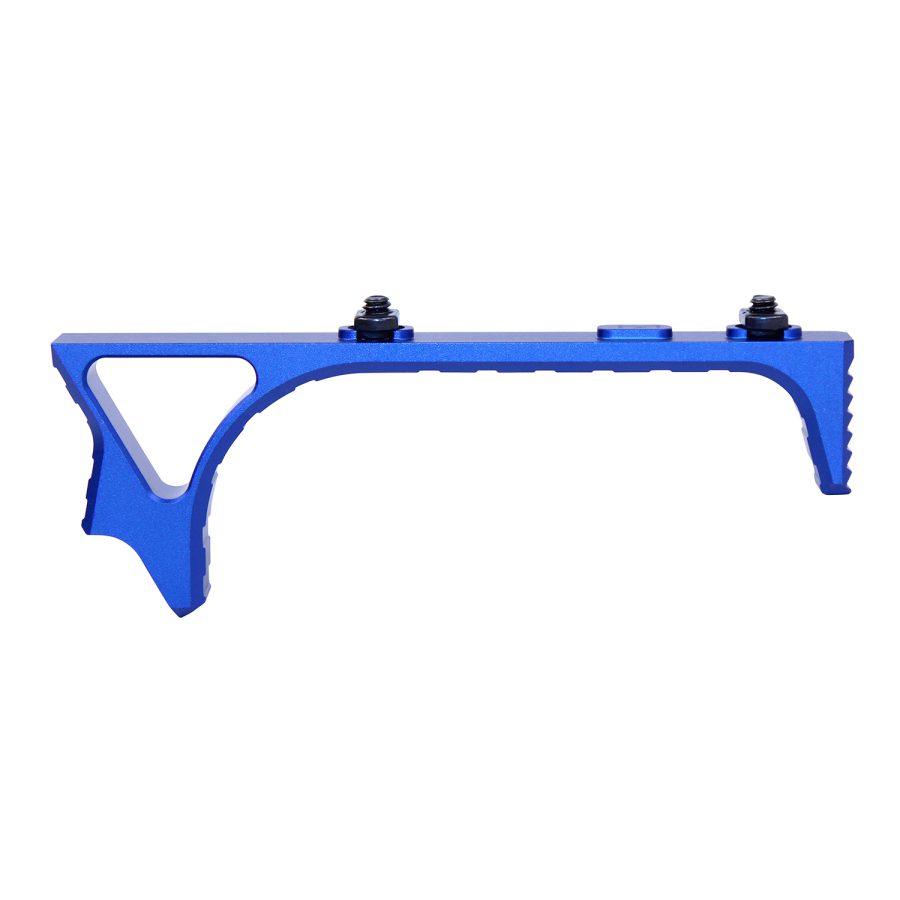 Blue anodized angled foregrip for firearms, ergonomic design, lightweight aluminum, picatinny/M-LOK compatible.
