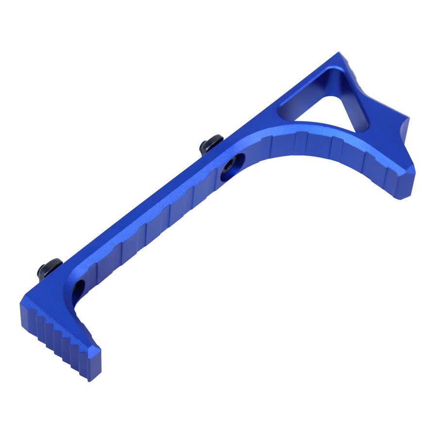 Royal blue ergonomic handstop for firearms, anodized aluminum, rail mount, customizable tactical accessory.