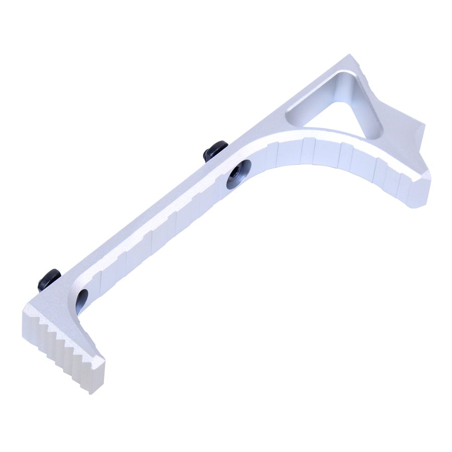 Ergonomic silver aluminum tactical foregrip for picatinny/M-LOK rail with textured grip.