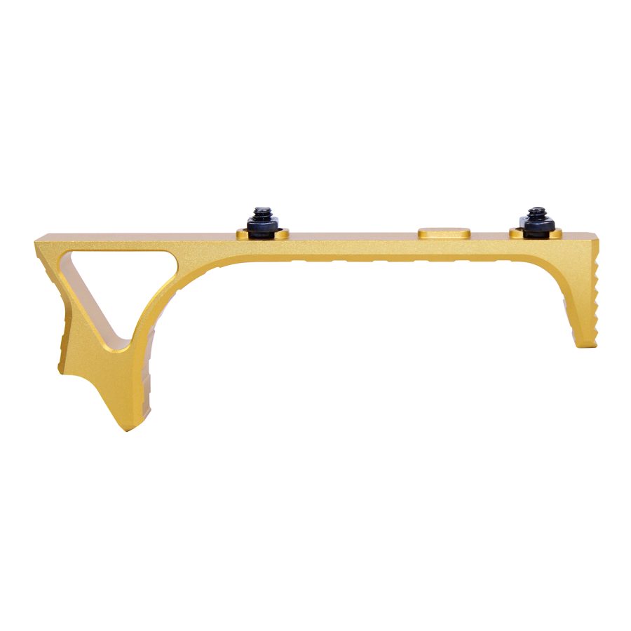 Gold anodized angled foregrip for firearm rails, featuring ergonomic design and secure mounting.