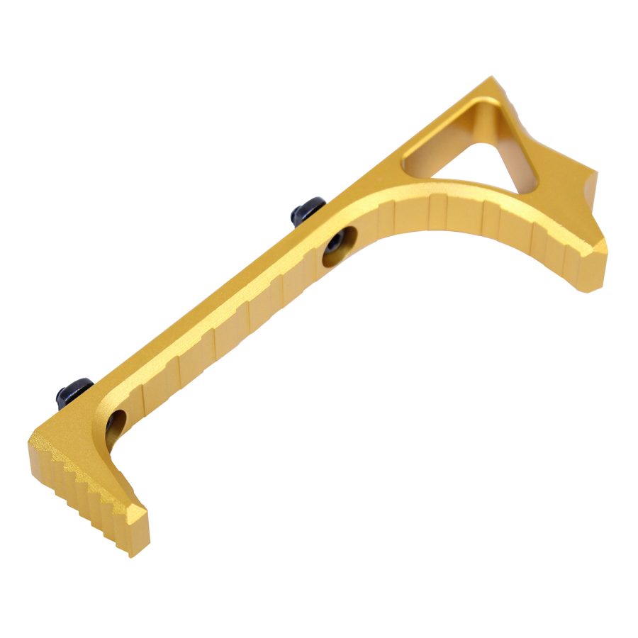 Gold Anodized Angled Grip for Firearms: Lightweight, Durable, Ergonomic Design with Black Screws.