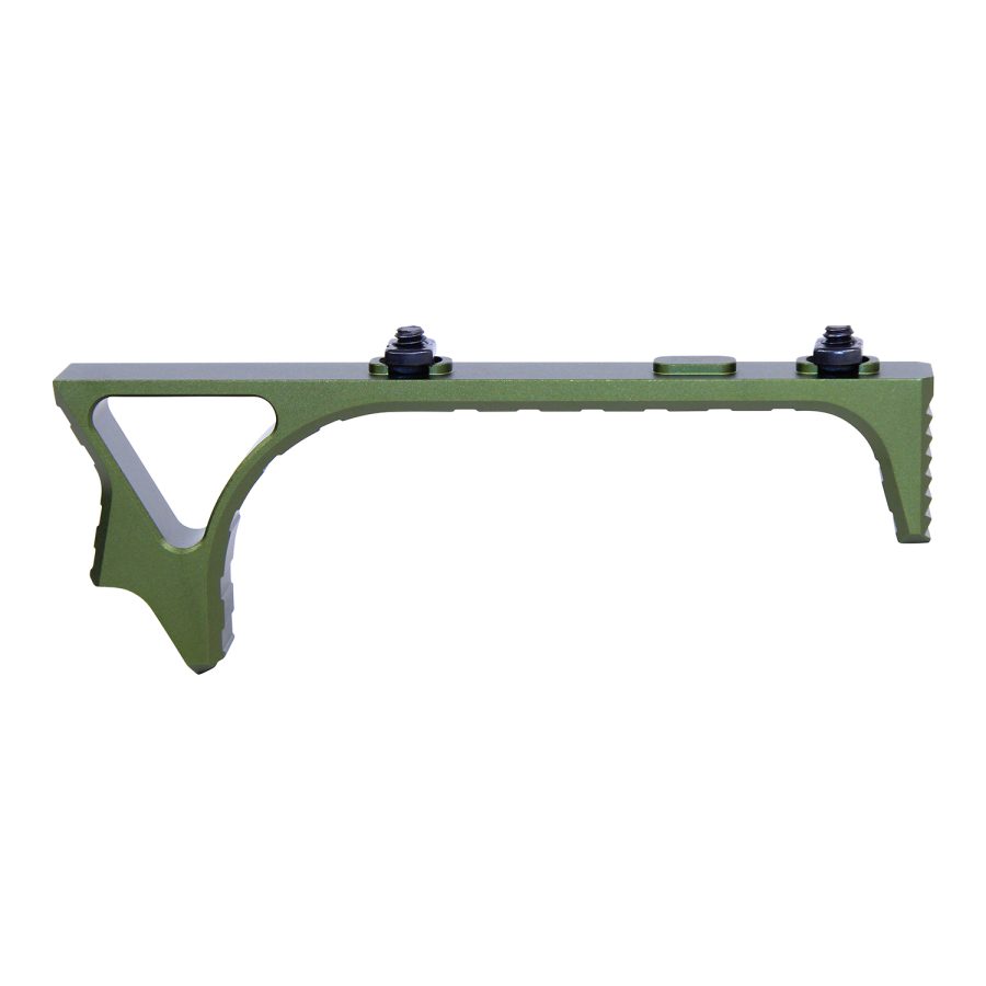 Olive green ergonomic angled foregrip for Picatinny/M-LOK rails, enhancing tactical firearm control.