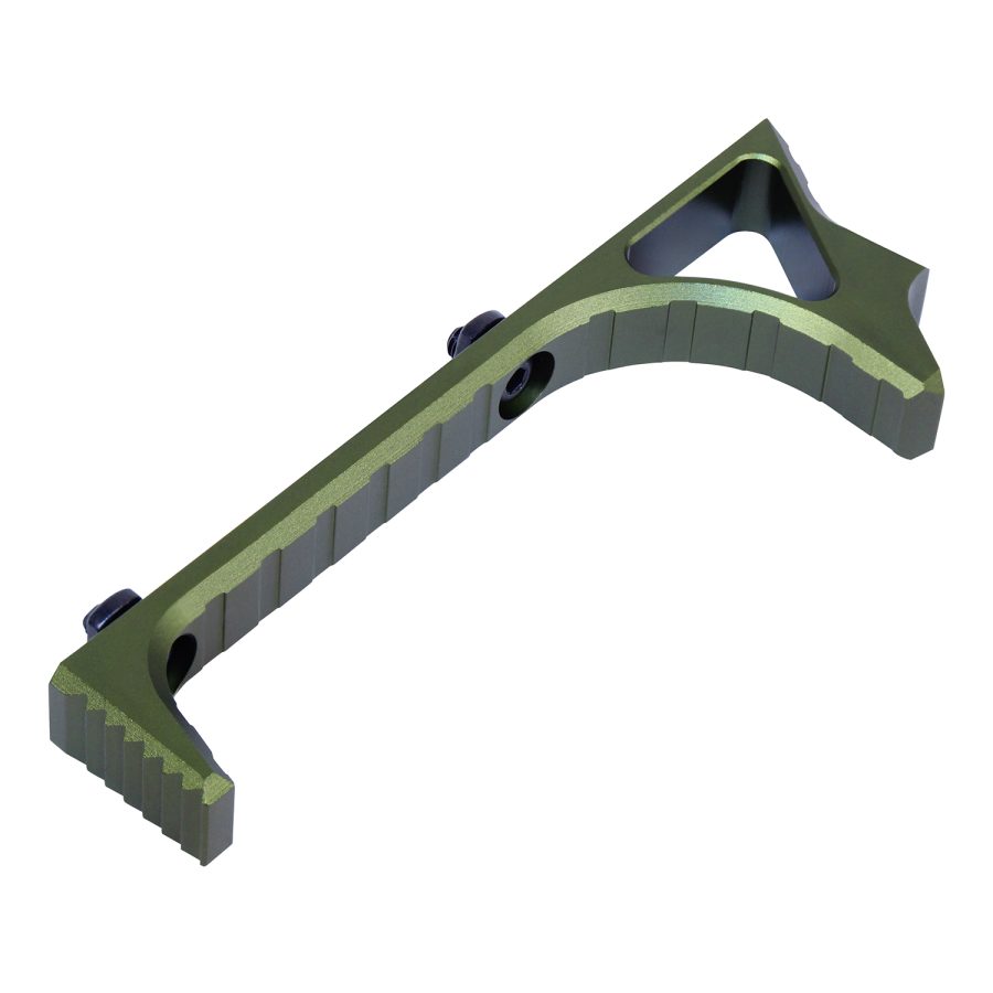 Olive drab CNC-machined foregrip for firearms with textured, ergonomic design and tactical features.