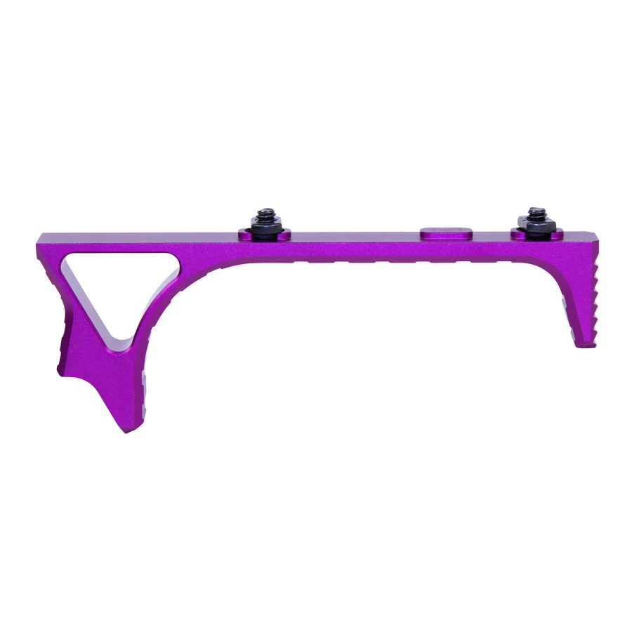 Purple anodized foregrip for firearms, ergonomic design, Picatinny/M-LOK compatible, tactical accessory.