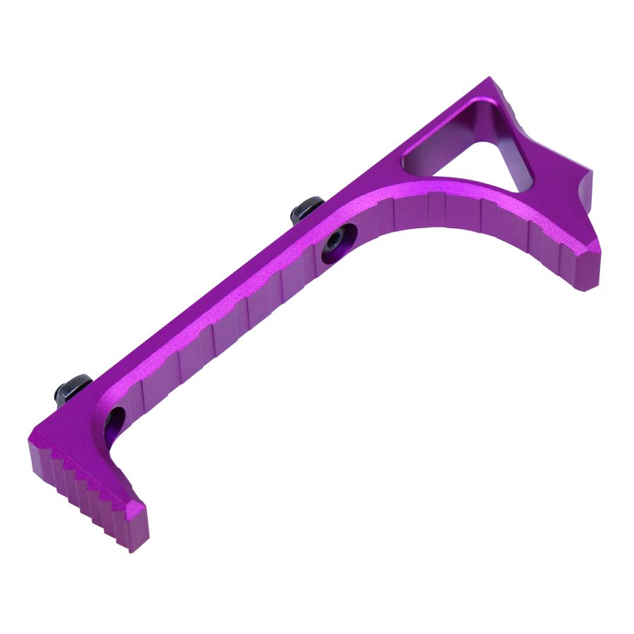 Purple anodized ergonomic foregrip for firearms with textured grip and mounting points.