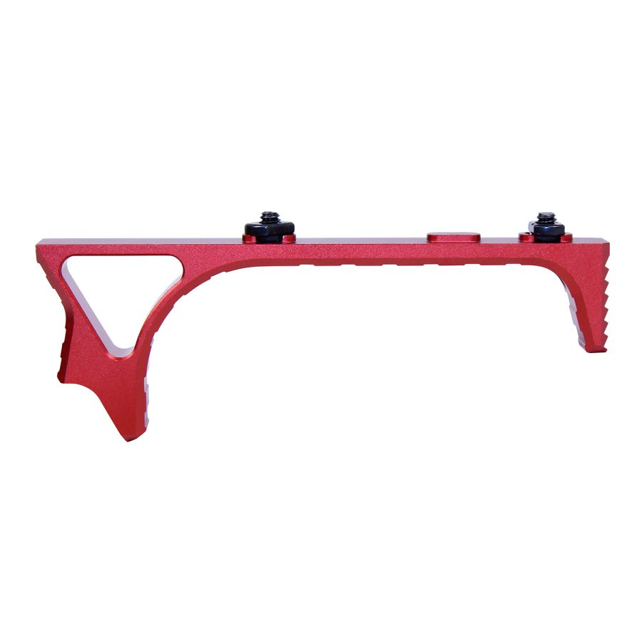Red tactical firearm foregrip, anodized aluminum, ergonomic design, picatinny/M-LOK compatible.