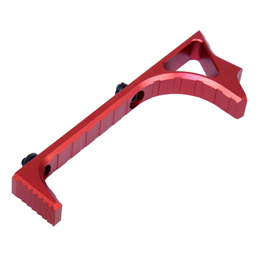 Red anodized aluminum angled foregrip for firearms, features grooves and rail mounting compatibility.