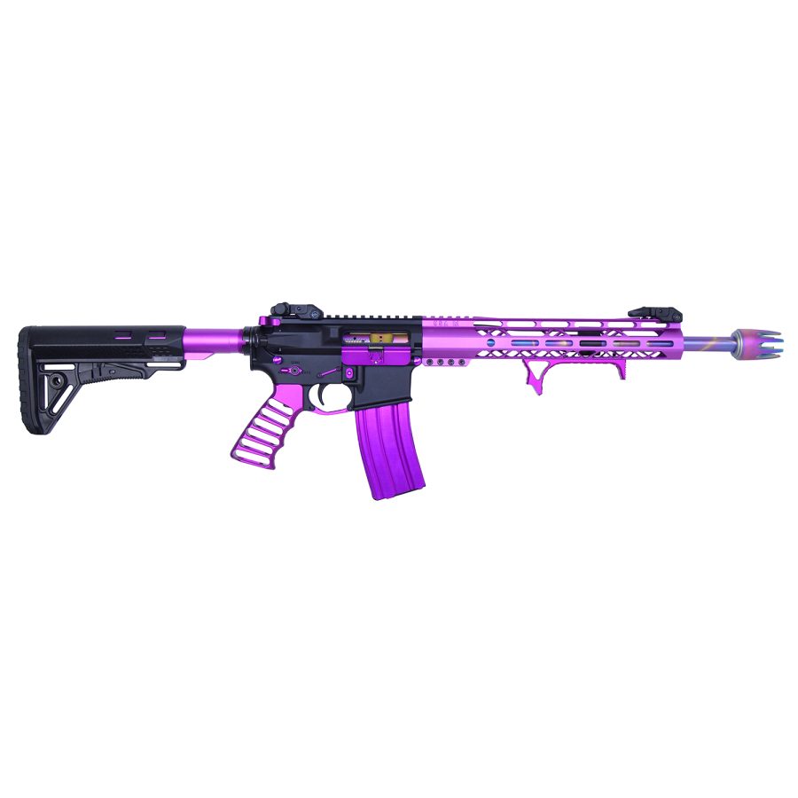Custom AR-15 with purple finish and black accents on a white background.