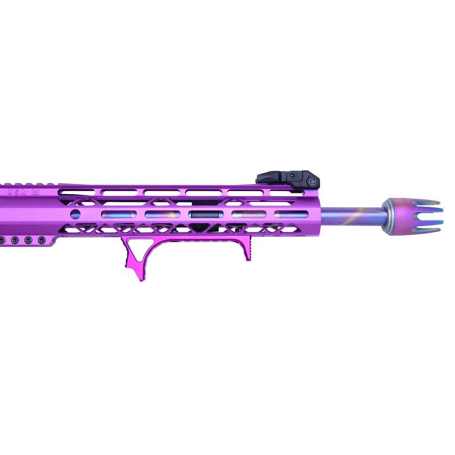 Close-up of a vibrant purple-magenta customized rifle barrel and handguard assembly.