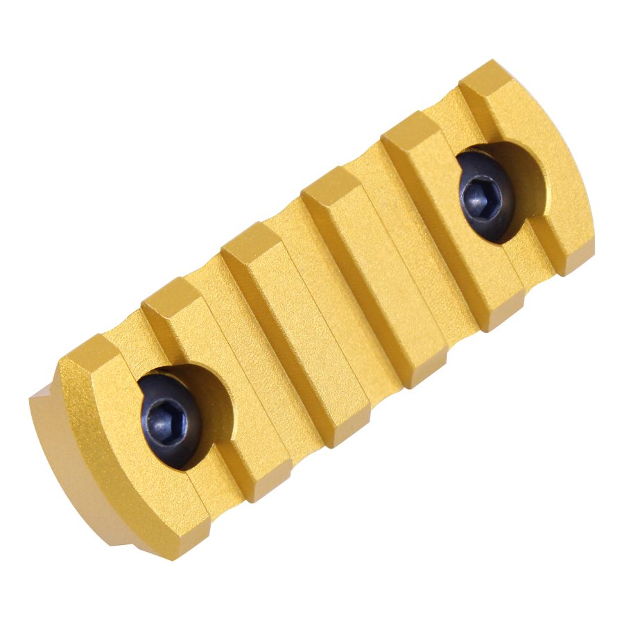 Gold anodized Picatinny rail with black screws, ideal for mounting tactical accessories.