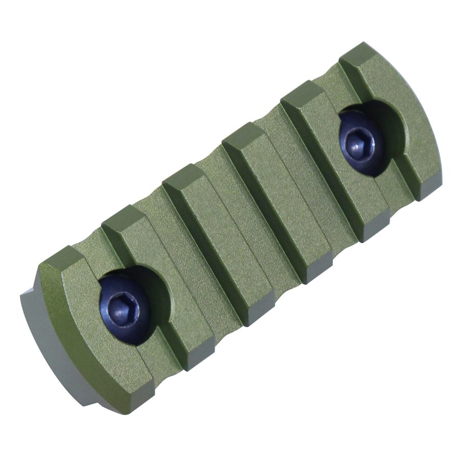 Olive drab Picatinny rail with blue screws for tactical accessories attachment.