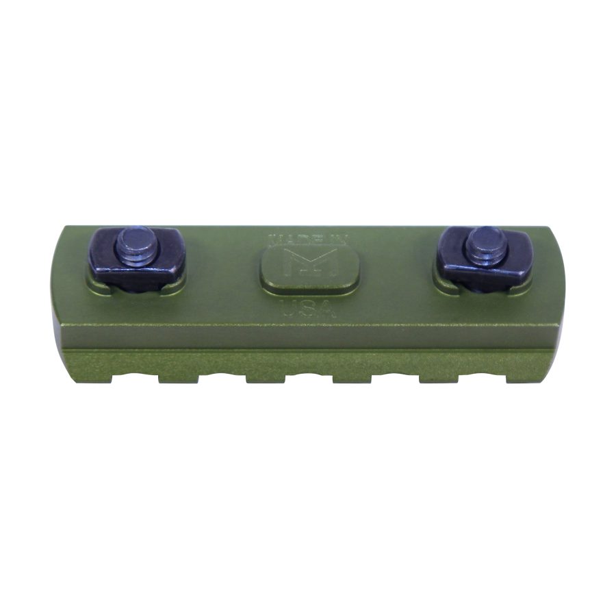Olive green tactical rail for gear, with logo, made in USA, durable anodized aluminum.