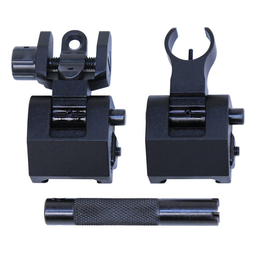 Tactical flip-up iron sights and tool for rifles, durable military-grade design for precise targeting.