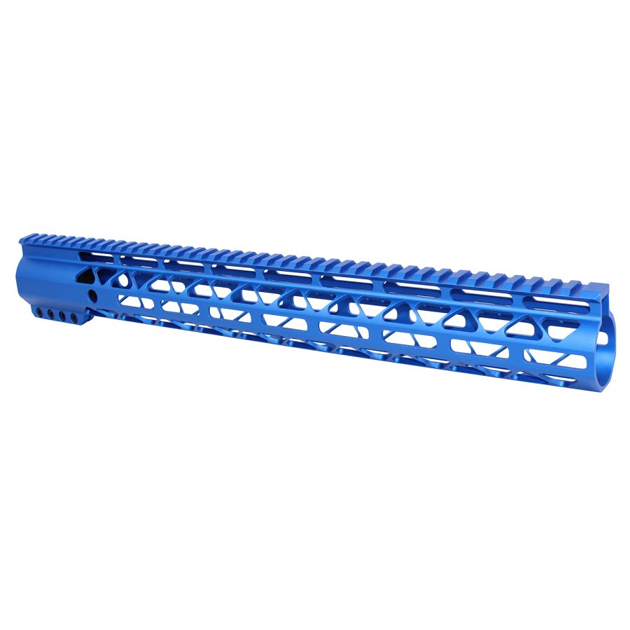 Bright blue anodized AR handguard with cutouts and Picatinny rail for accessories.
