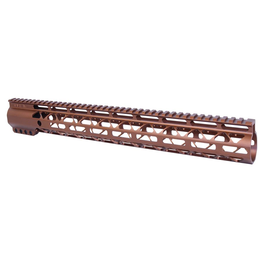 Copper-Toned Aluminum Tactical Handguard with Geometric Cutouts for Firearm Accessory Mounting