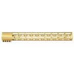 Gold M-LOK rifle handguard with Picatinny rail, lightweight design, precision-cut for performance.