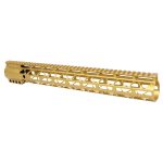 Gold AR handguard with Picatinny rail, lightweight design, geometric cutouts, and anodized finish.