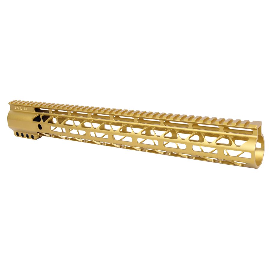 Gold AR handguard with Picatinny rail, lightweight design, geometric cutouts, and anodized finish.