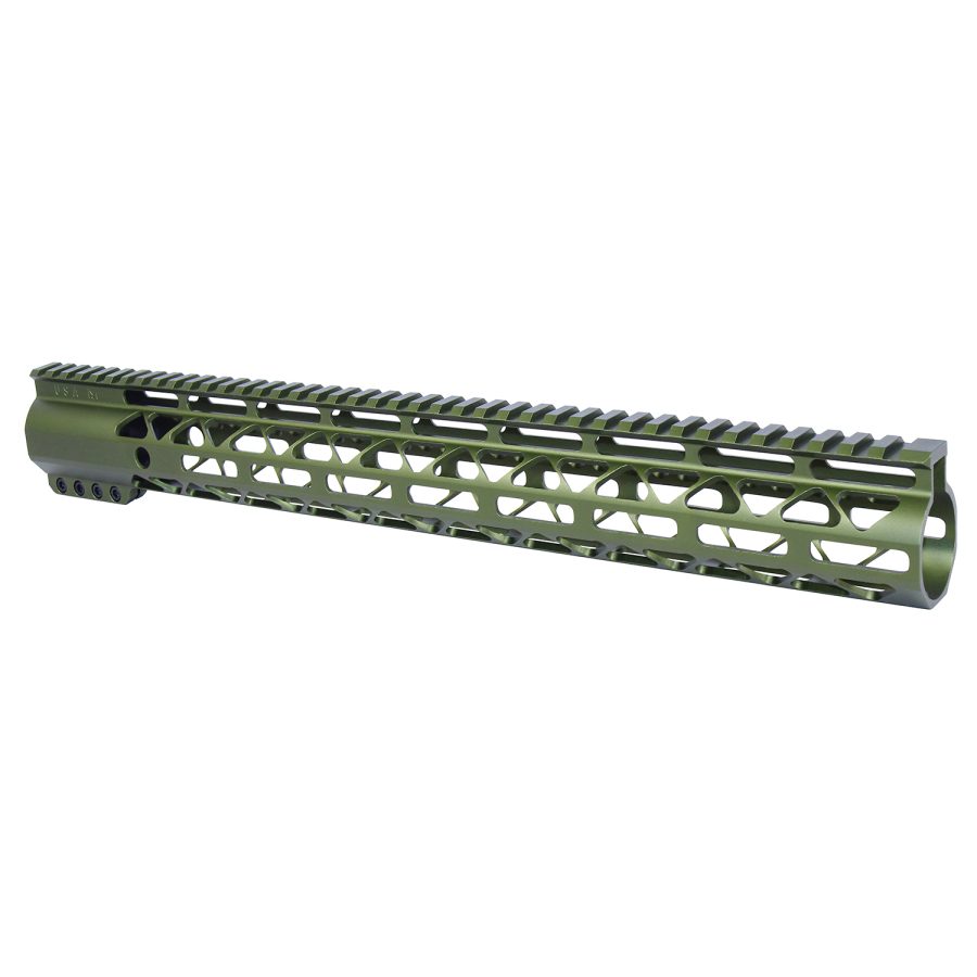 Olive green firearm handguard with a skeletal design, Picatinny rail, and M-LOK/KeyMod slots.