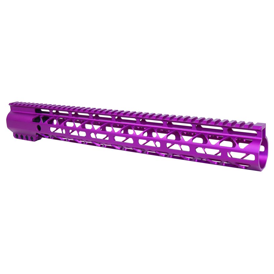 Custom lightweight purple AR handguard with Picatinny rail and skeletonized design for accessories.