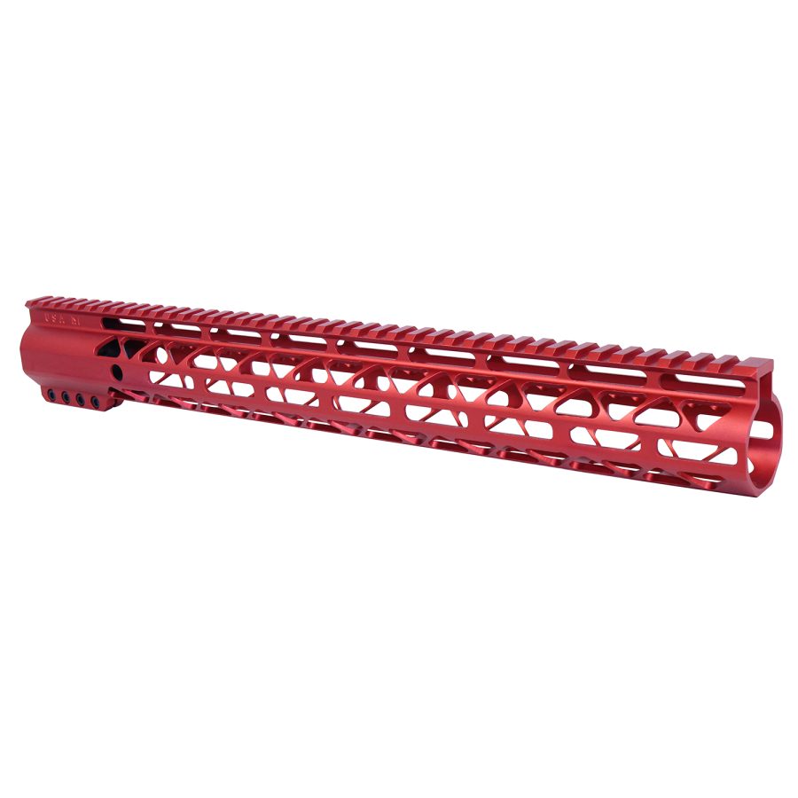 Red anodized skeletal firearm handguard with Picatinny rail and geometric cutouts for customization.