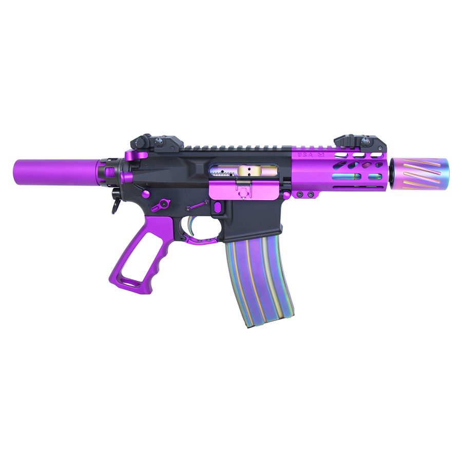 Custom purple AR-style firearm with rainbow accents against white background, showcasing unique design.
