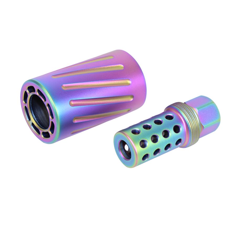Iridescent firearm muzzle devices: vibrant compensator and brake with precision machining.