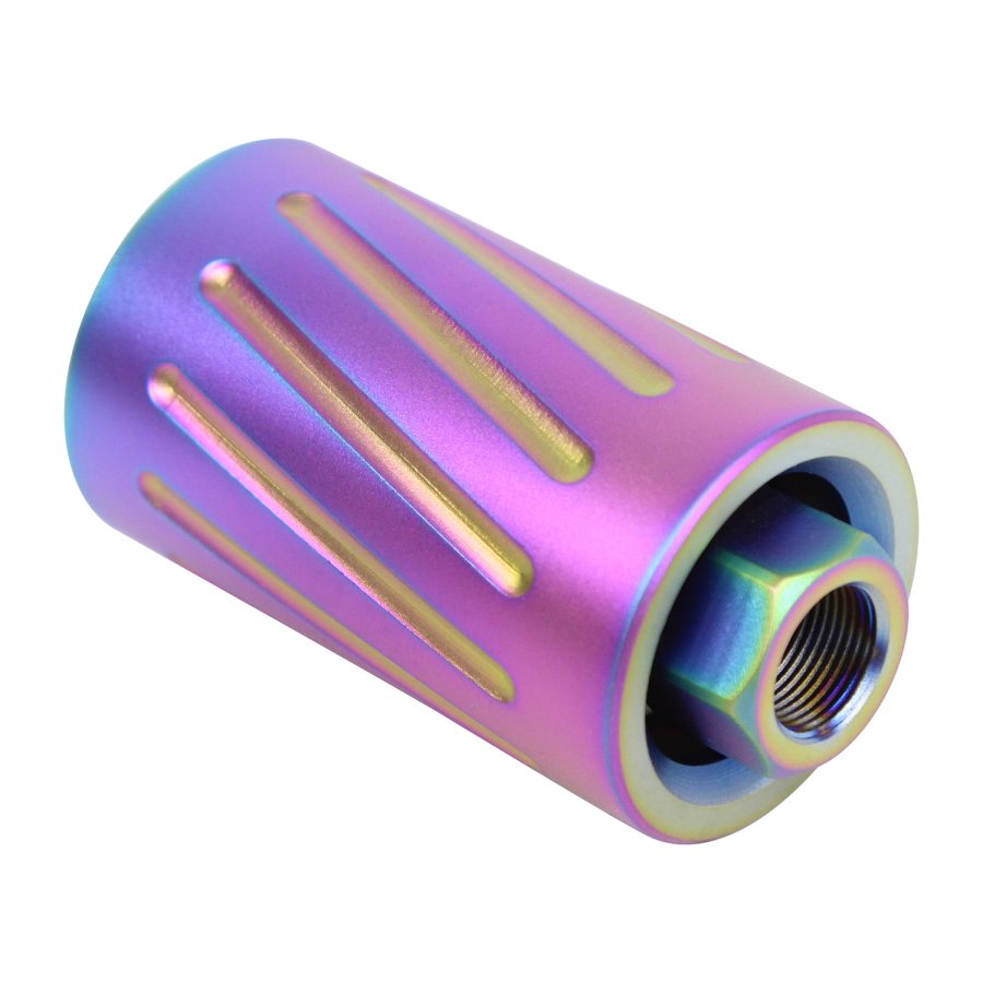Iridescent precision-machined titanium component with threaded interior and holographic finish.