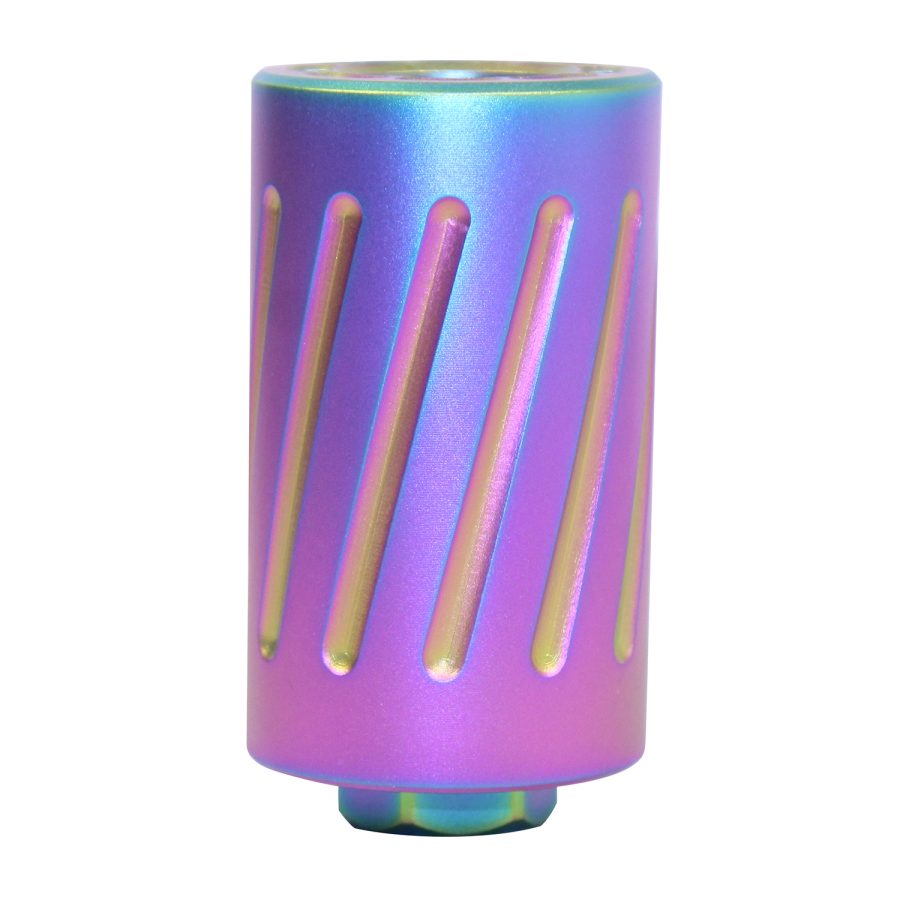 Iridescent holographic cylinder with golden slots, futuristic design, premium collectible component.