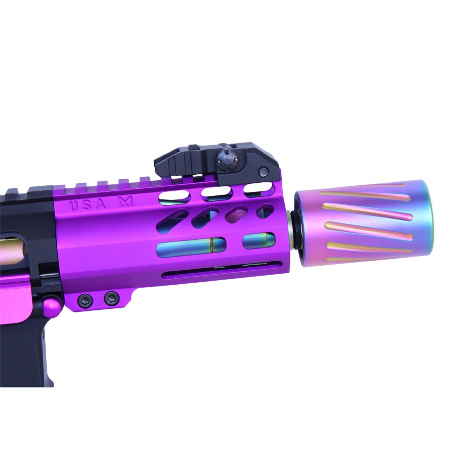 Custom firearm with iridescent chameleon finish, ventilated handguard, and Picatinny rail system.