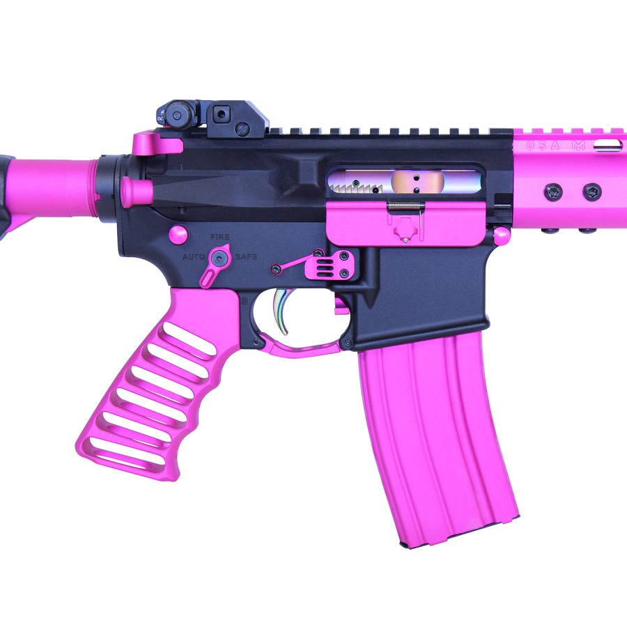 Custom black and pink AR-style rifle with tactical features and vibrant accents.