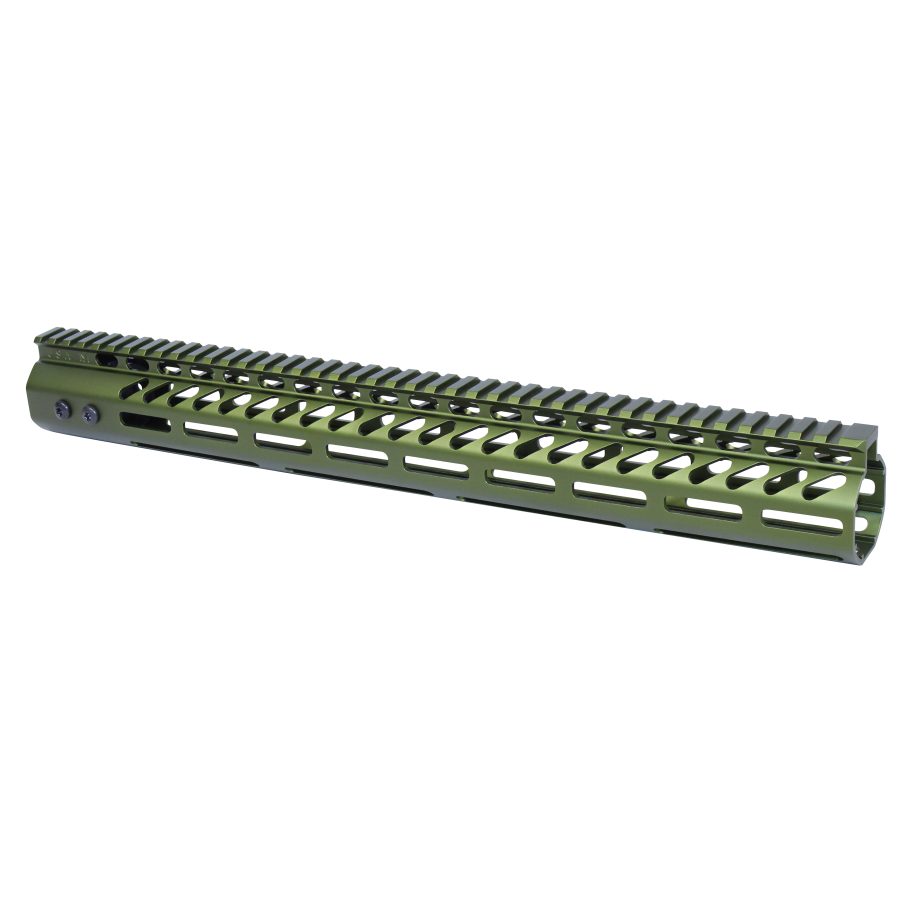 Olive green M-LOK rifle handguard with Picatinny rail for tactical accessories.